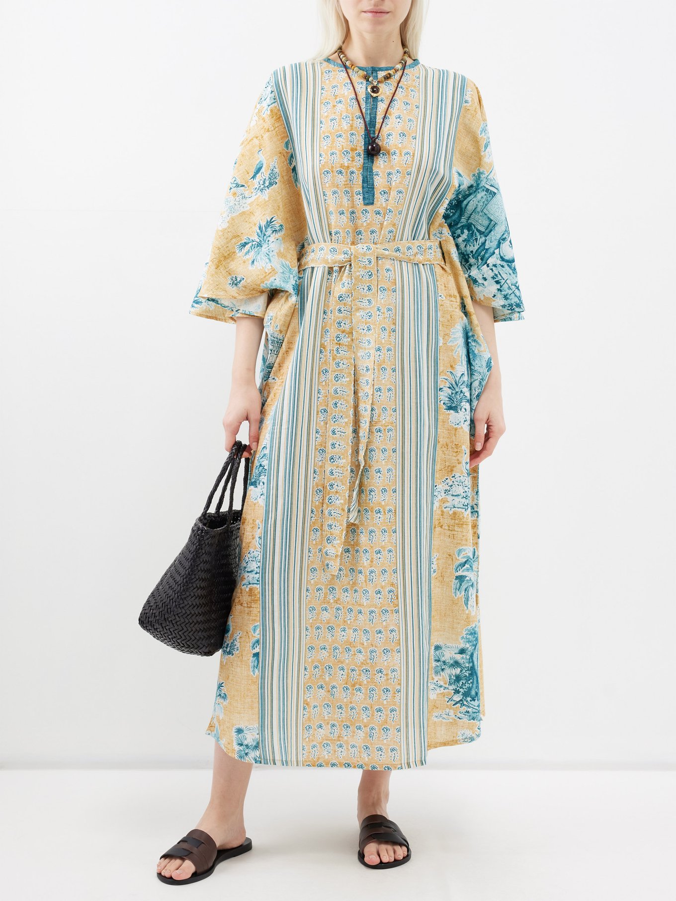 Multicolor Floral Printed Kaftan Dress With Embellishment