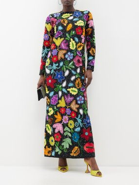 Ashish Floral-sequinned cotton long-sleeved gown