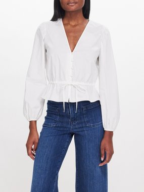 FRAME V-neck drawstring organic-cotton blouse