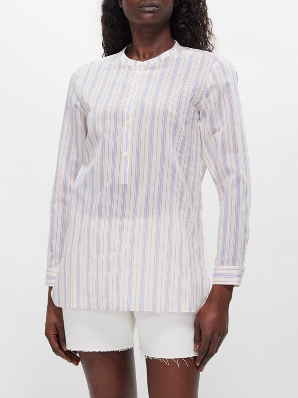 FRAME Collarless striped cotton-blend shirt