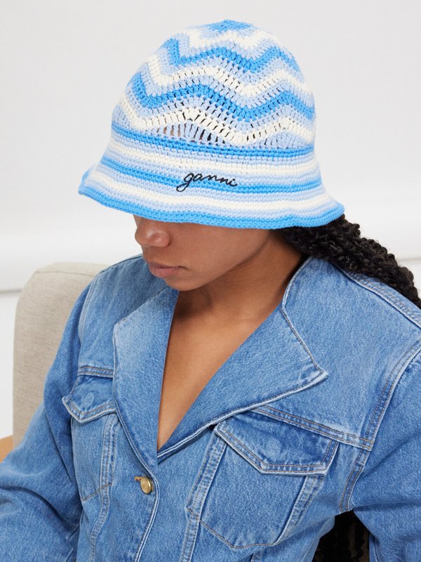 GANNI (Ganni) Striped crochet-knit organic-cotton bucket hat