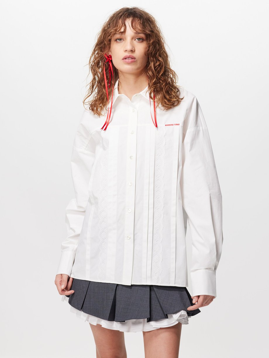 SHUSHU/TONG Oversized lace-embellished cotton-poplin shirt