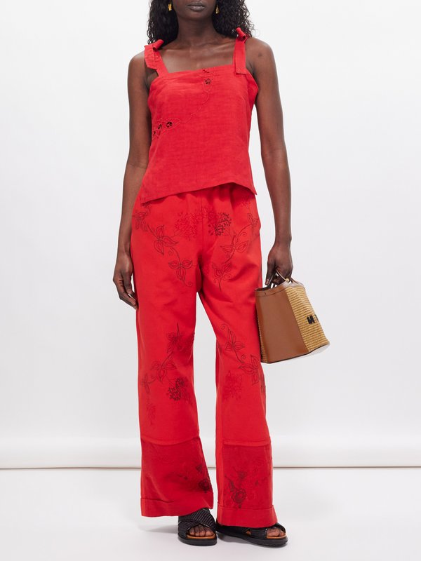 By Walid Syd floral-embroidered vintage-linen trousers