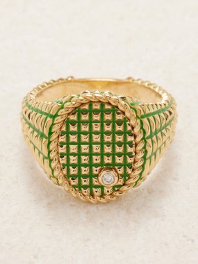 Yvonne Léon Chevalière diamond, enamel & 9kt gold ring