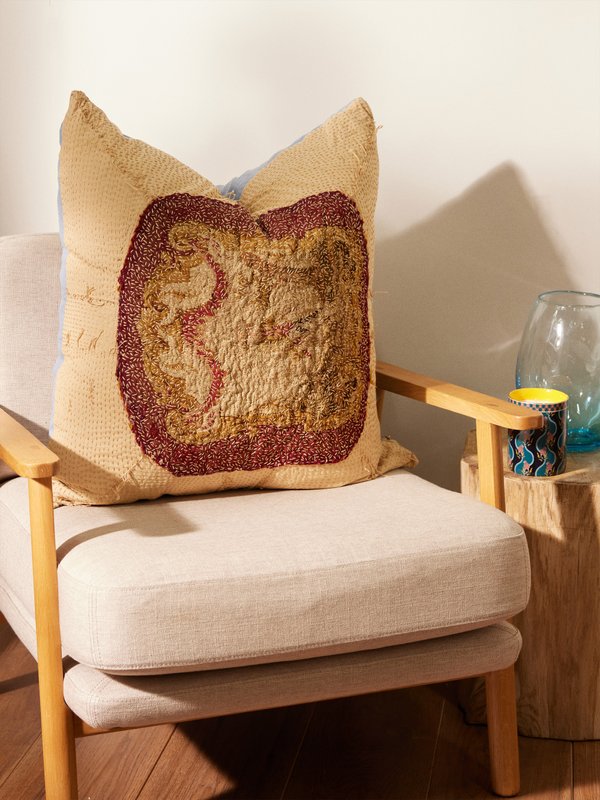 By Walid 18th-century embroidered wool and linen cushion