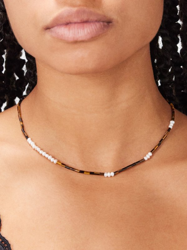 Hermina Athens Tiger eye & faux-pearl necklace