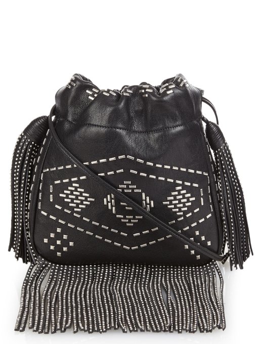 SAINT LAURENT Small Helena Fringed Bucket Bag In Black Leather And ...