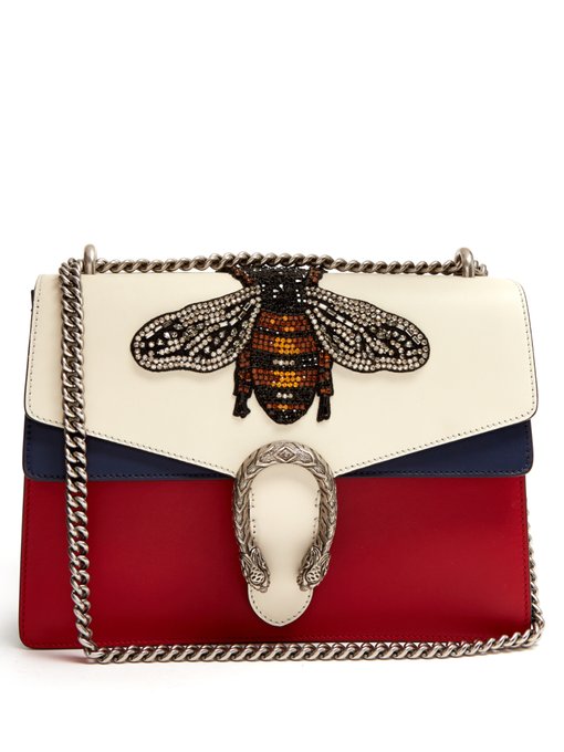 GUCCI WOMEN’S DIONYSUS CRYSTAL EMBELLISHED BEE CROSSBODY BAG IN RED, WHITE AND NAVY, IVORY-MULTI ...