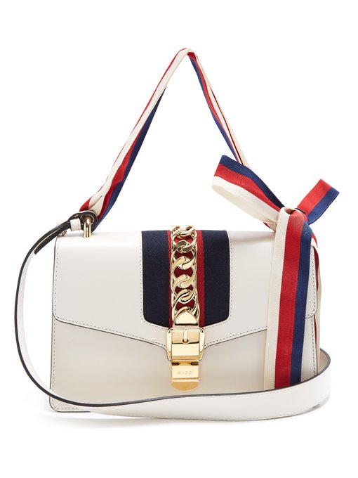 GUCCI Sylvie Small Chain-Embellished Leather Shoulder Bag in Off-White | ModeSens