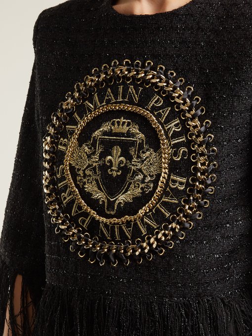 balmain logo-embroidered tweed top