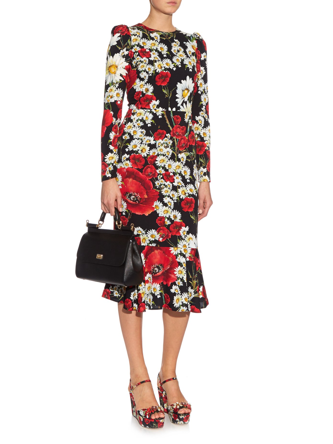 Red and White Poppy and Daisy Print Dress by Dolce & Gabbana
