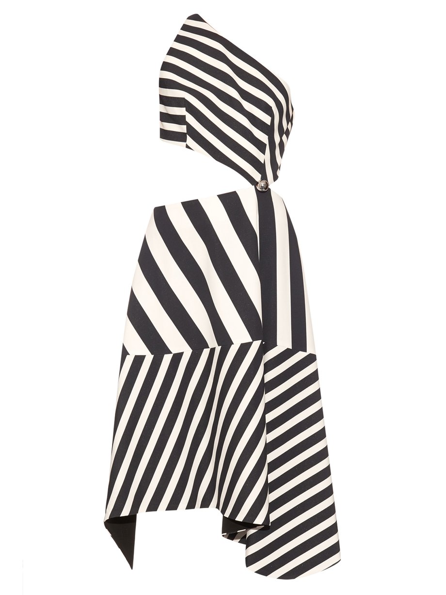 Black Striped asymmetric-neckline crepe gown | Mugler | MATCHESFASHION US