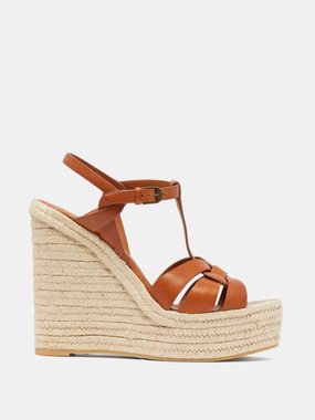 Tan Leather-Look Espadrille Trim Wedge Heel Sandals