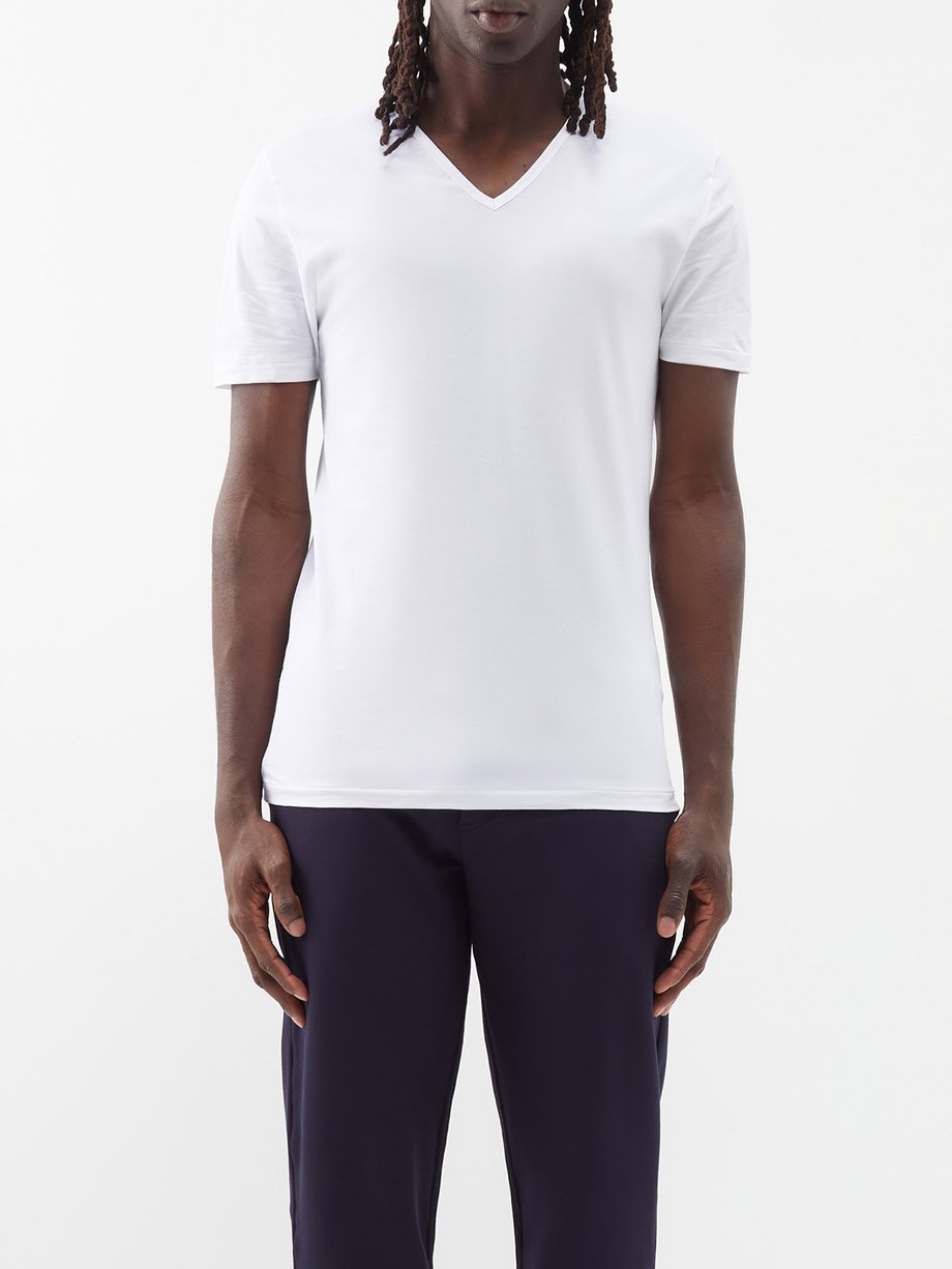 White Pure Comfort V-neck cotton-blend T-shirt, Zimmerli