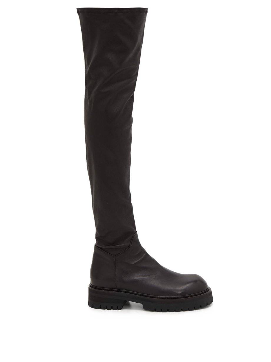 Black Exaggerated-sole leather over-the-knee boots | Ann Demeulemeester ...