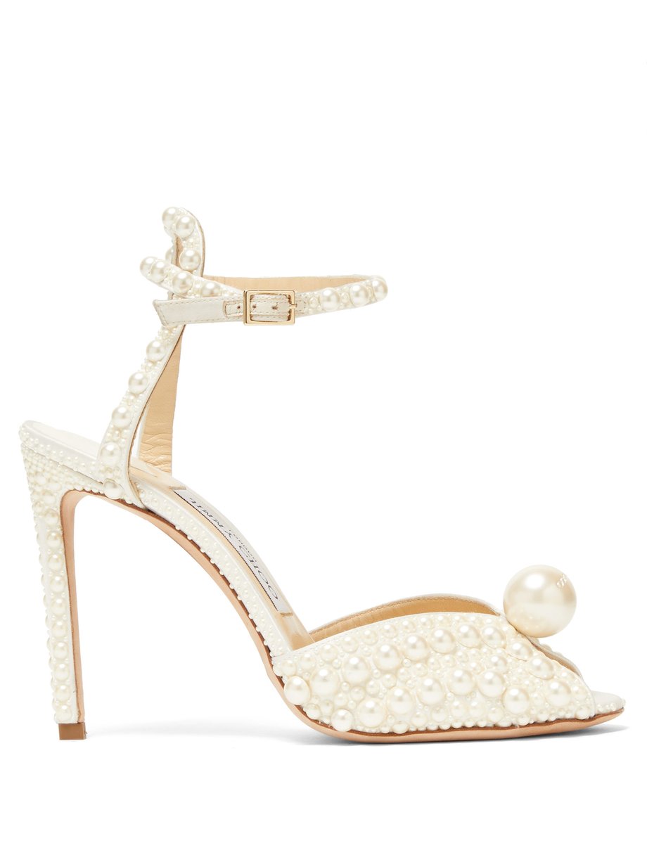 White Sacora 100 faux-pearl embellished satin sandals | Jimmy Choo ...