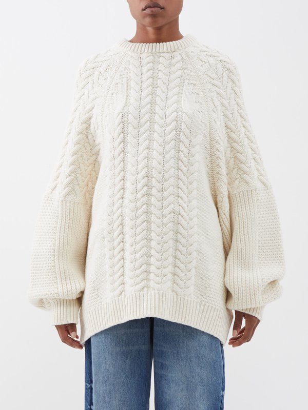 Cream Contrast Cable Knit Pants, Knitwear