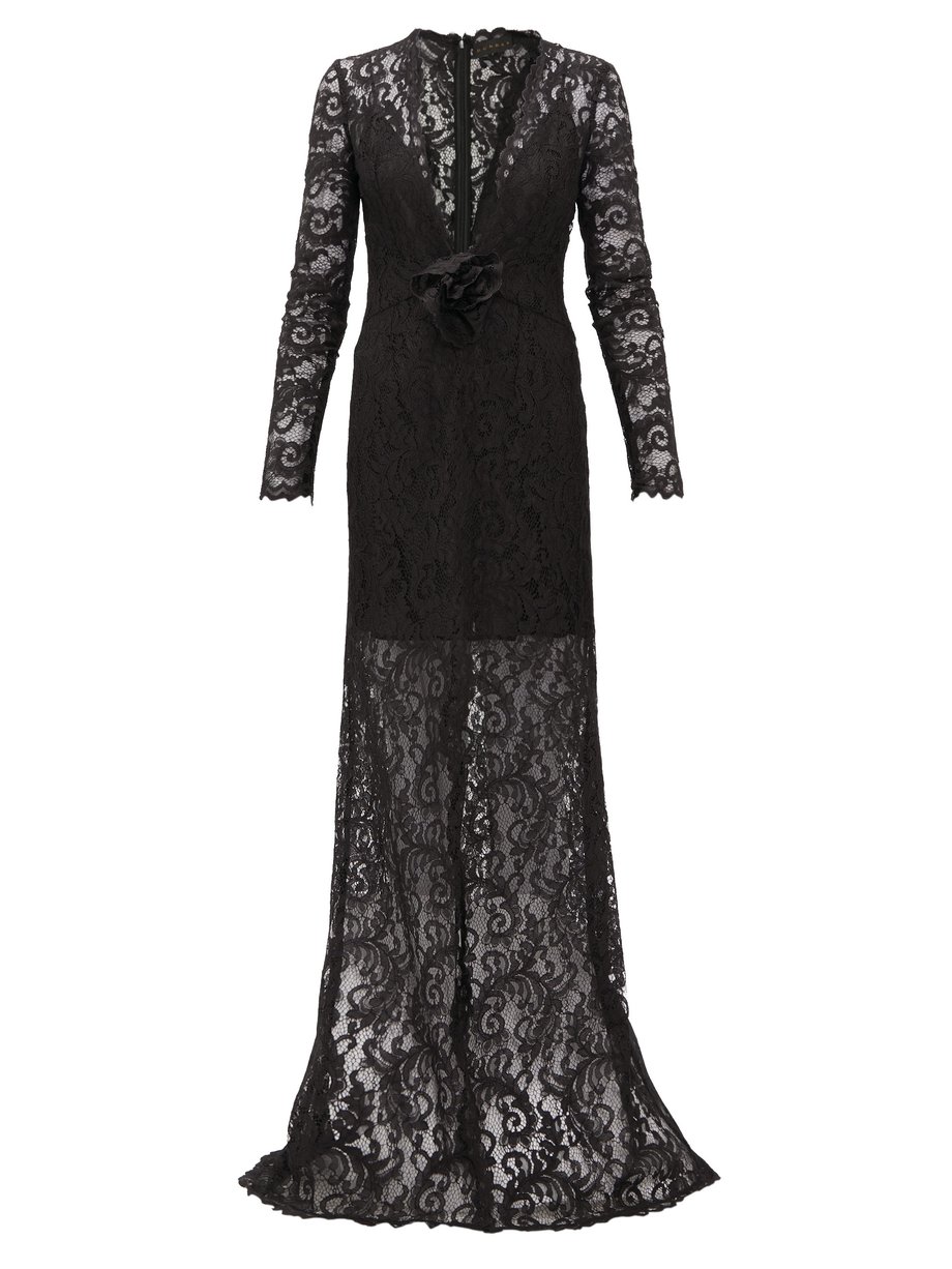 Black Plunge-neck Chantilly-lace maxi dress | Dundas | MATCHESFASHION UK