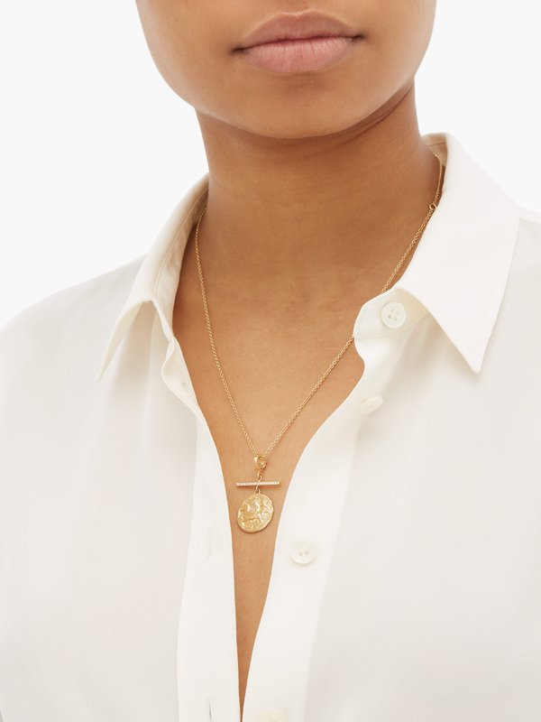 AZLEE Pegasus bar diamond & 18kt gold coin necklace