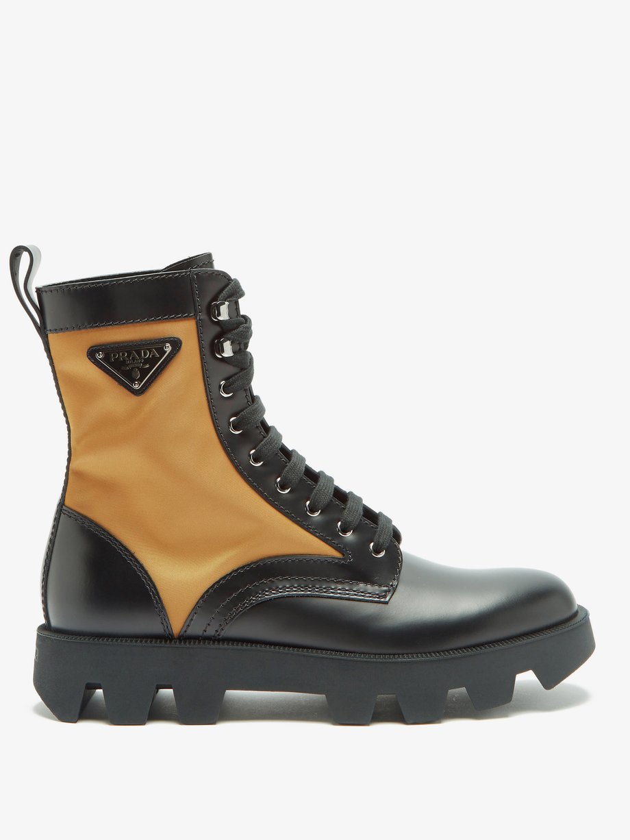 Black Logo-plaque nylon and leather boots | Prada | MATCHESFASHION UK