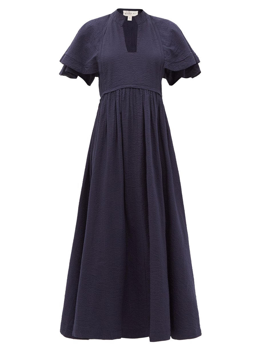 Navy Cape-sleeve cotton-seersucker dress | Wiggy Kit | MATCHESFASHION UK