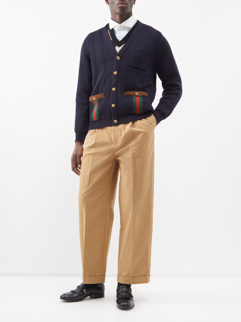 Navy Web-stripe suede-trimmed wool-blend cardigan | Gucci | MATCHES UK