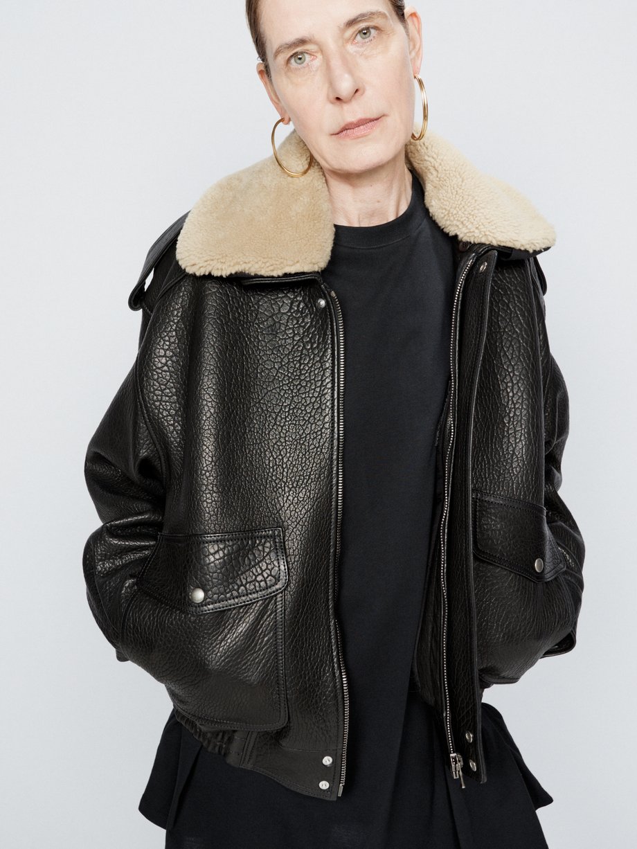 Black Detachable collar leather bomber jacket | Raey | MATCHES UK