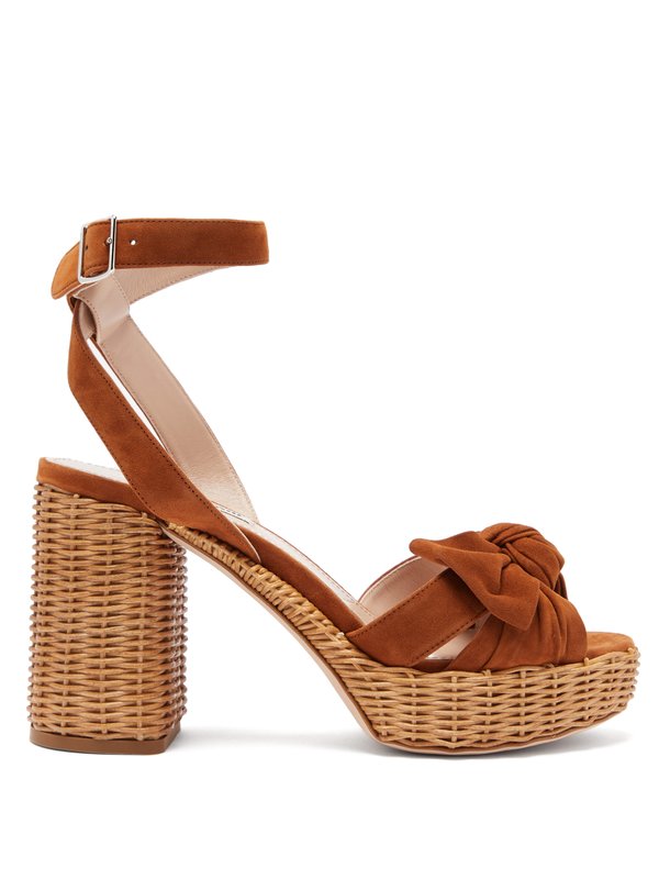 Tan Bow-front suede and wicker platform sandals | Miu Miu | MATCHES UK