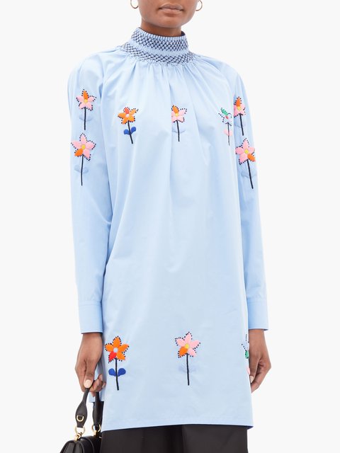 Print Floral-embroidered cotton-poplin tunic blouse | Prada