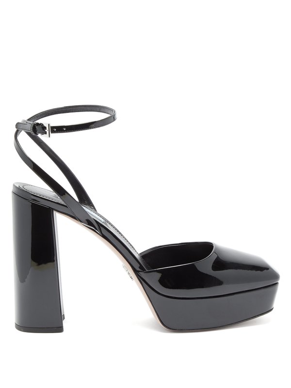 Black Square-toe patent-leather platform sandals, Prada