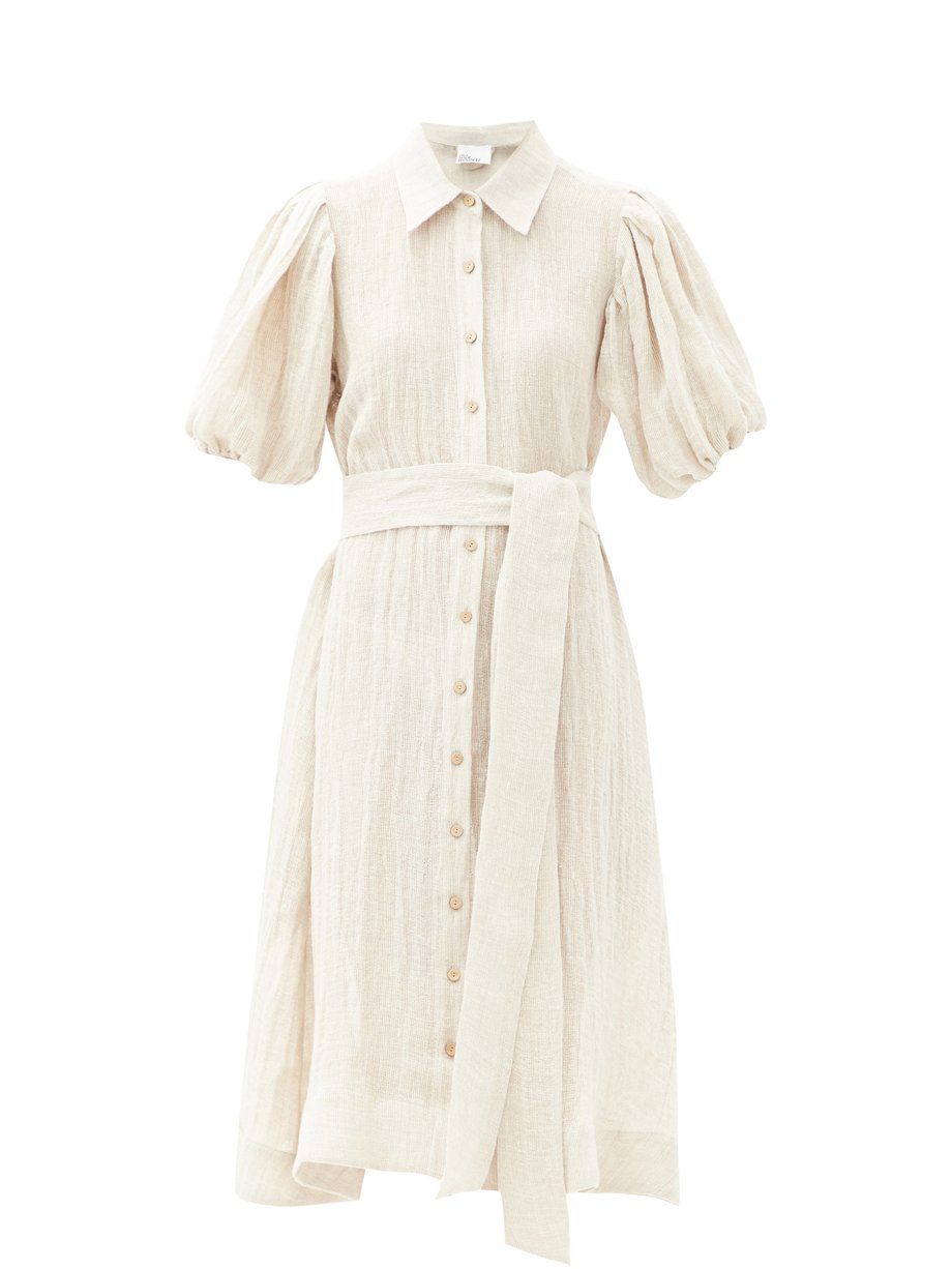 Neutral Gathered-sleeve linen-blend calico shirt dress | Lisa Marie ...