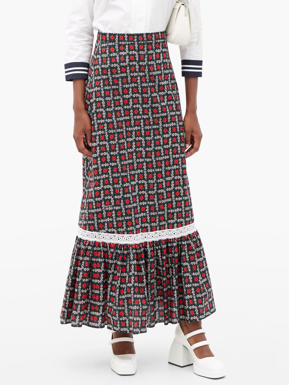 Print Floral-print tiered cotton midi skirt | Miu Miu | MATCHES UK