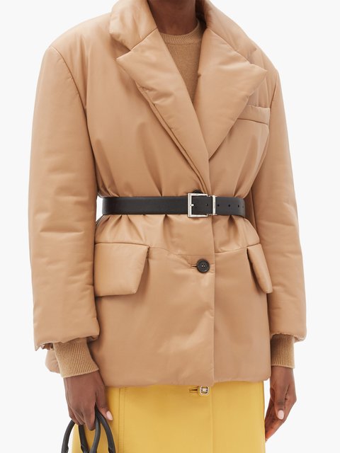 Neutral Single-breasted padded leather coat | Prada | MATCHES UK