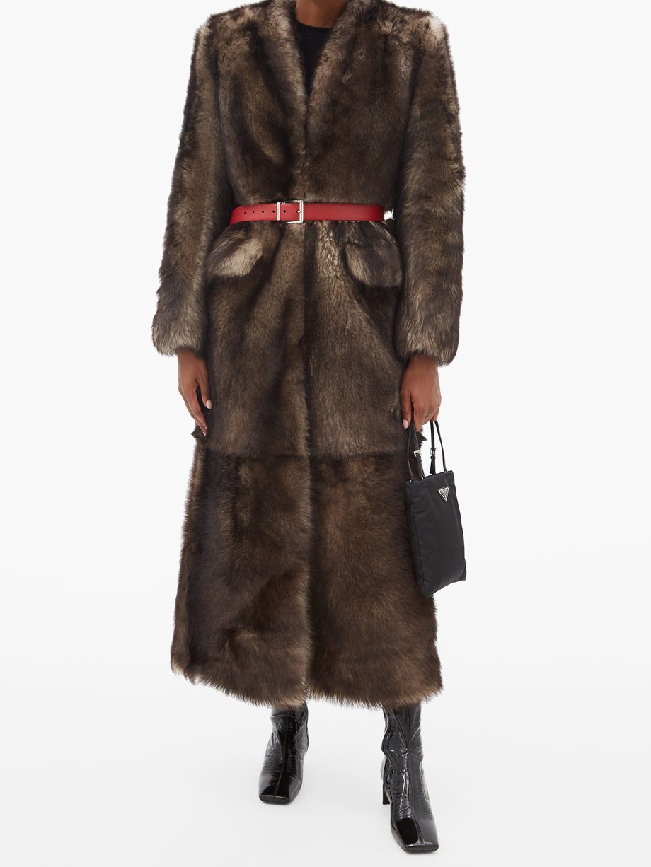 Brown Single-breasted belted shearling coat | Prada | MATCHESFASHION US