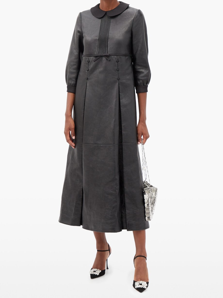 Black Round collar pleated leather dress | Miu Miu | MATCHES UK