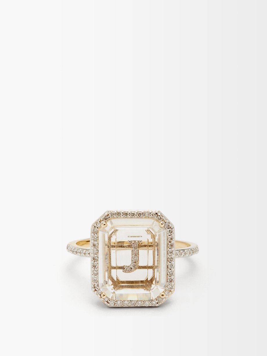 Mateo Initials diamond, quartz & 14kt gold ring J-Q