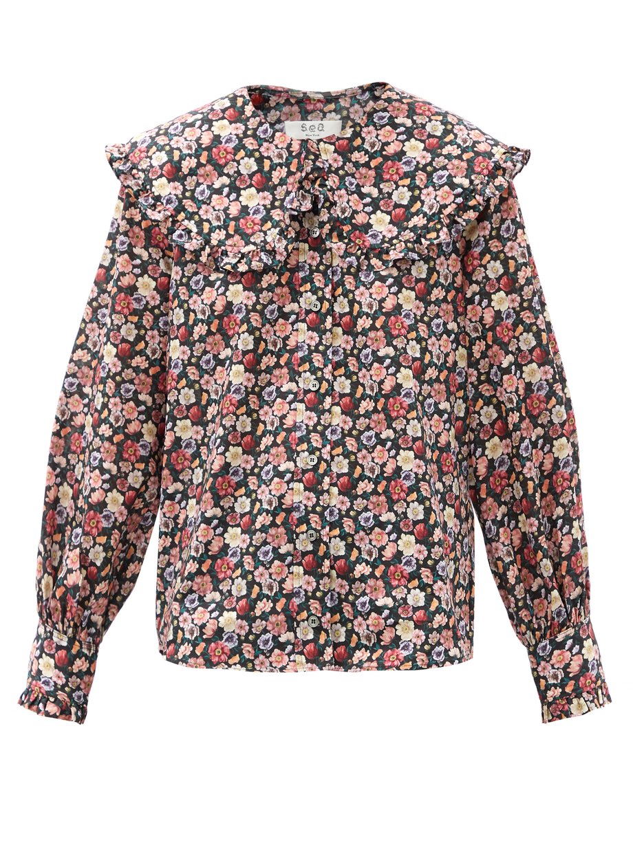Print Leslie Peter Pan-collar cotton-poplin blouse | Sea ...