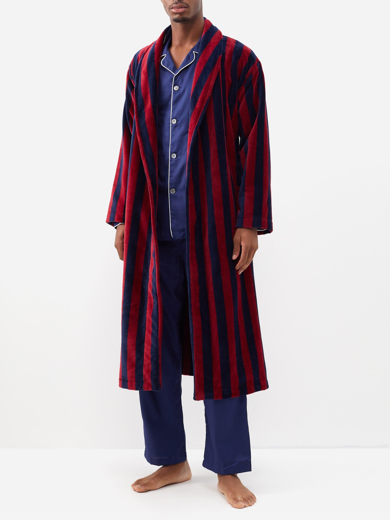 Red Triton belted striped cotton-blend velour robe, Derek Rose