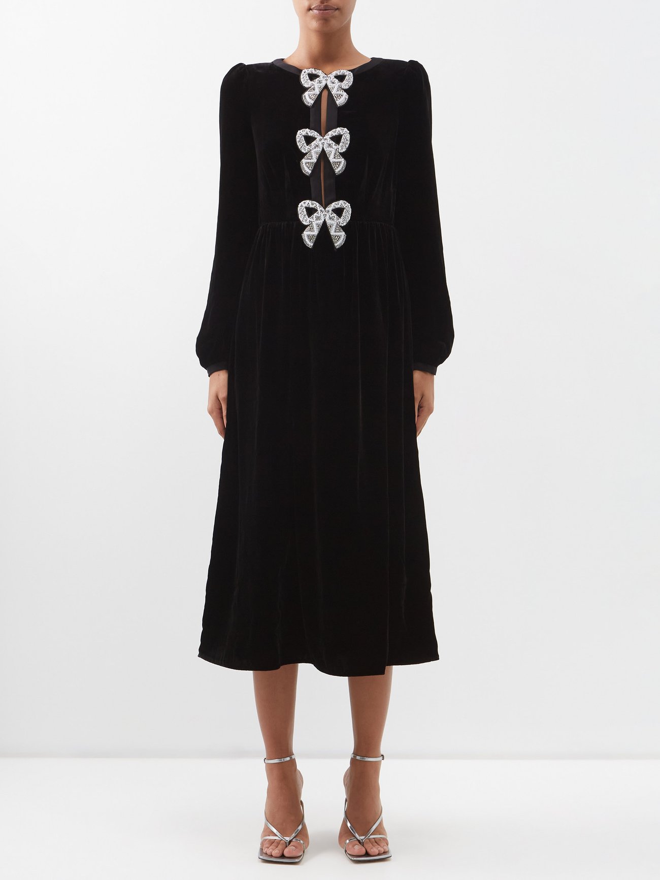 Black Camille crystal-bow velvet midi dress | Saloni | MATCHES UK