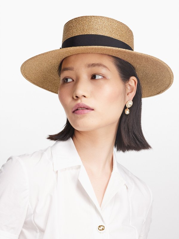 Neutral Bee-logo faux-straw boater hat | Gucci | MATCHES UK