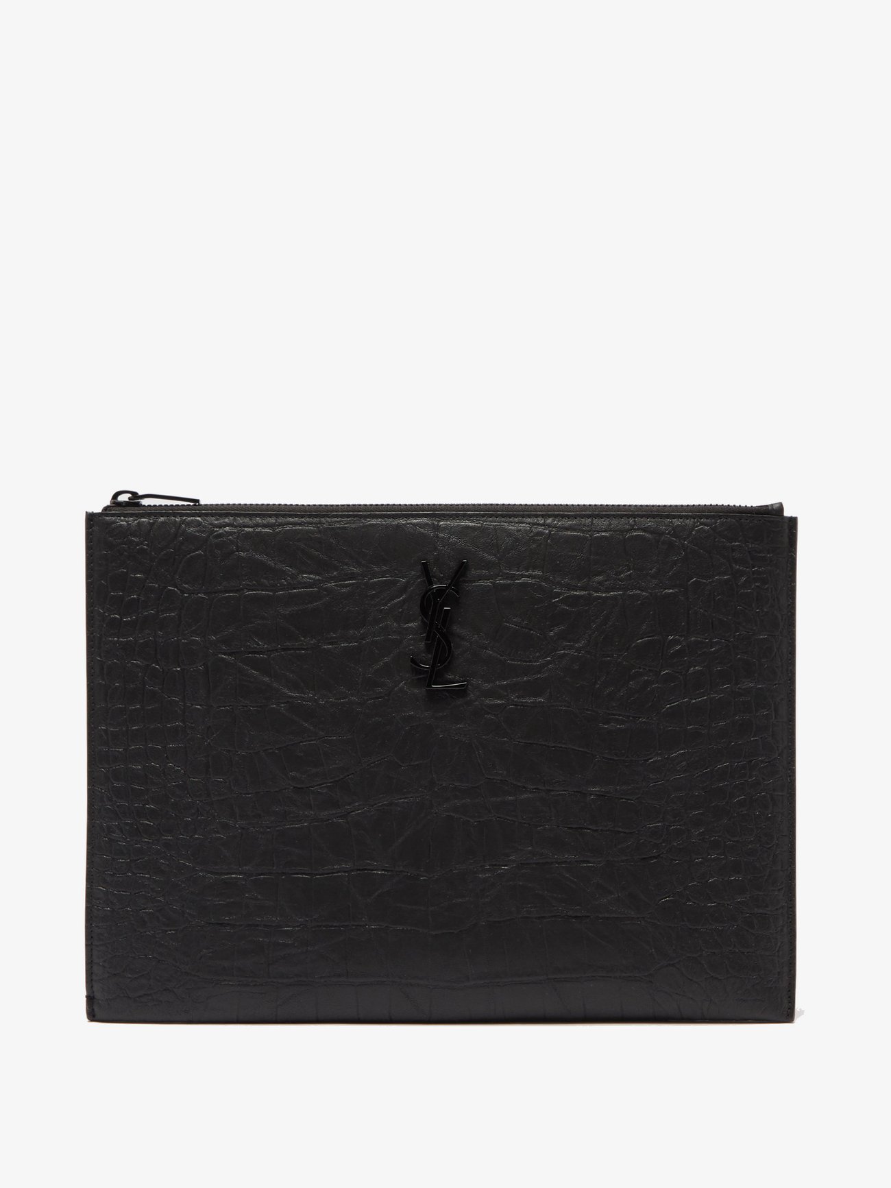 Saint Laurent Ysl-plaque Crocodile-effect Leather Pouch In Schwarz