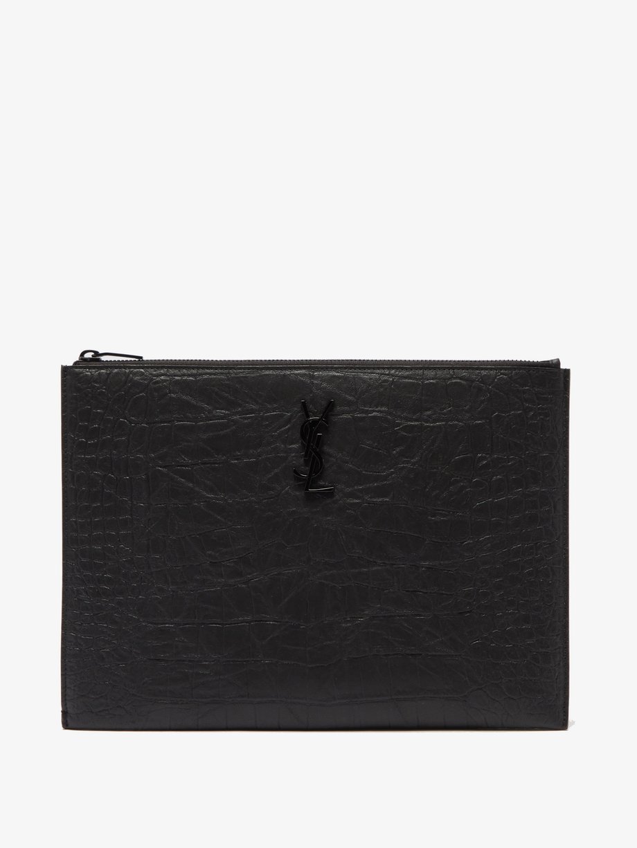 Black YSL-plaque crocodile-effect leather pouch | Saint Laurent ...