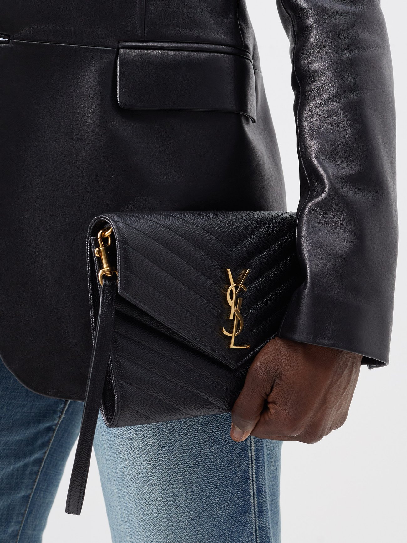 YSL-plaque grained-leather wristlet clutch bag | Saint Laurent