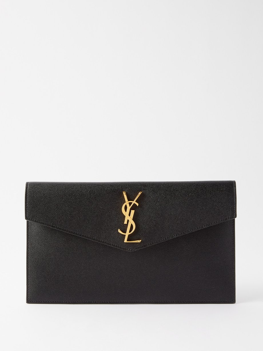 Black Uptown YSL-plaque grained-leather clutch bag, Saint Laurent
