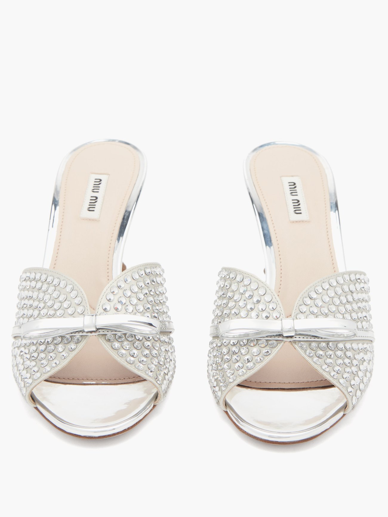 Crystal-embellished bow metallic-leather mules