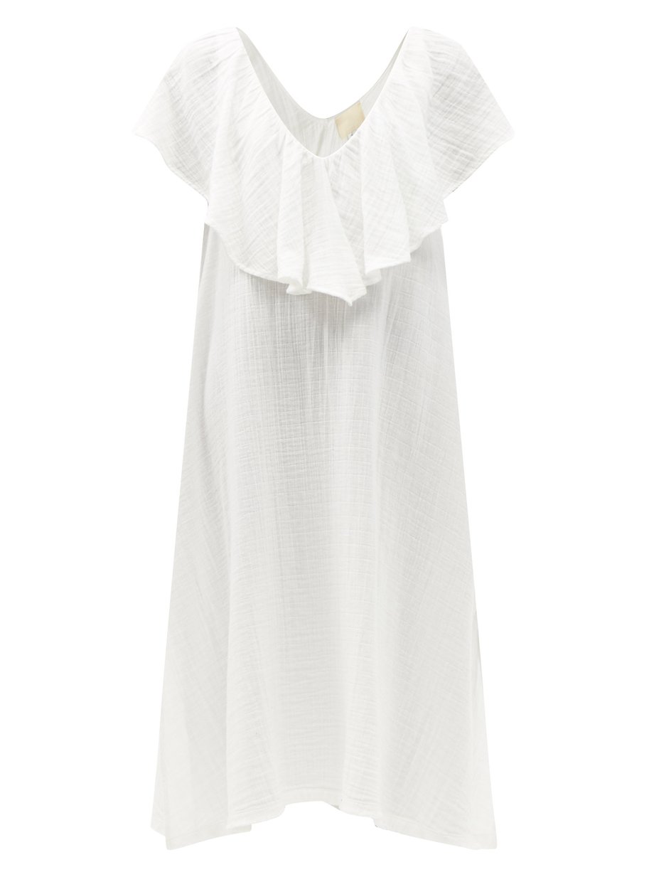 White Brigitte ruffled V-neck cotton dress | Anaak | MATCHESFASHION US