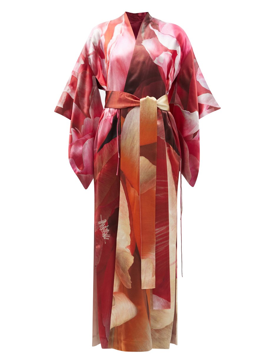 COMMON HOURS Crimson and Claret printed silk reversible robe