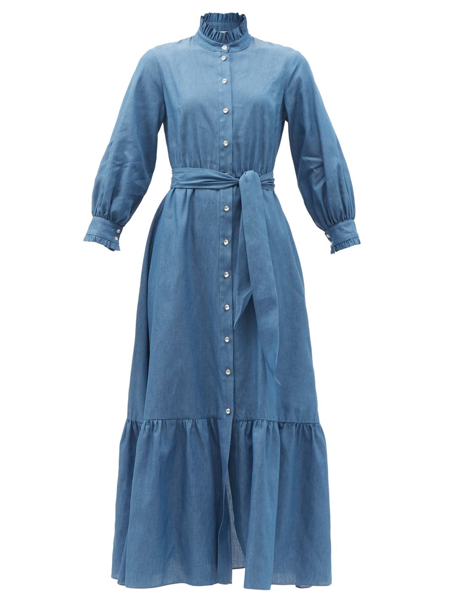 Blue Demi crystal-button belted denim dress | Borgo De Nor ...