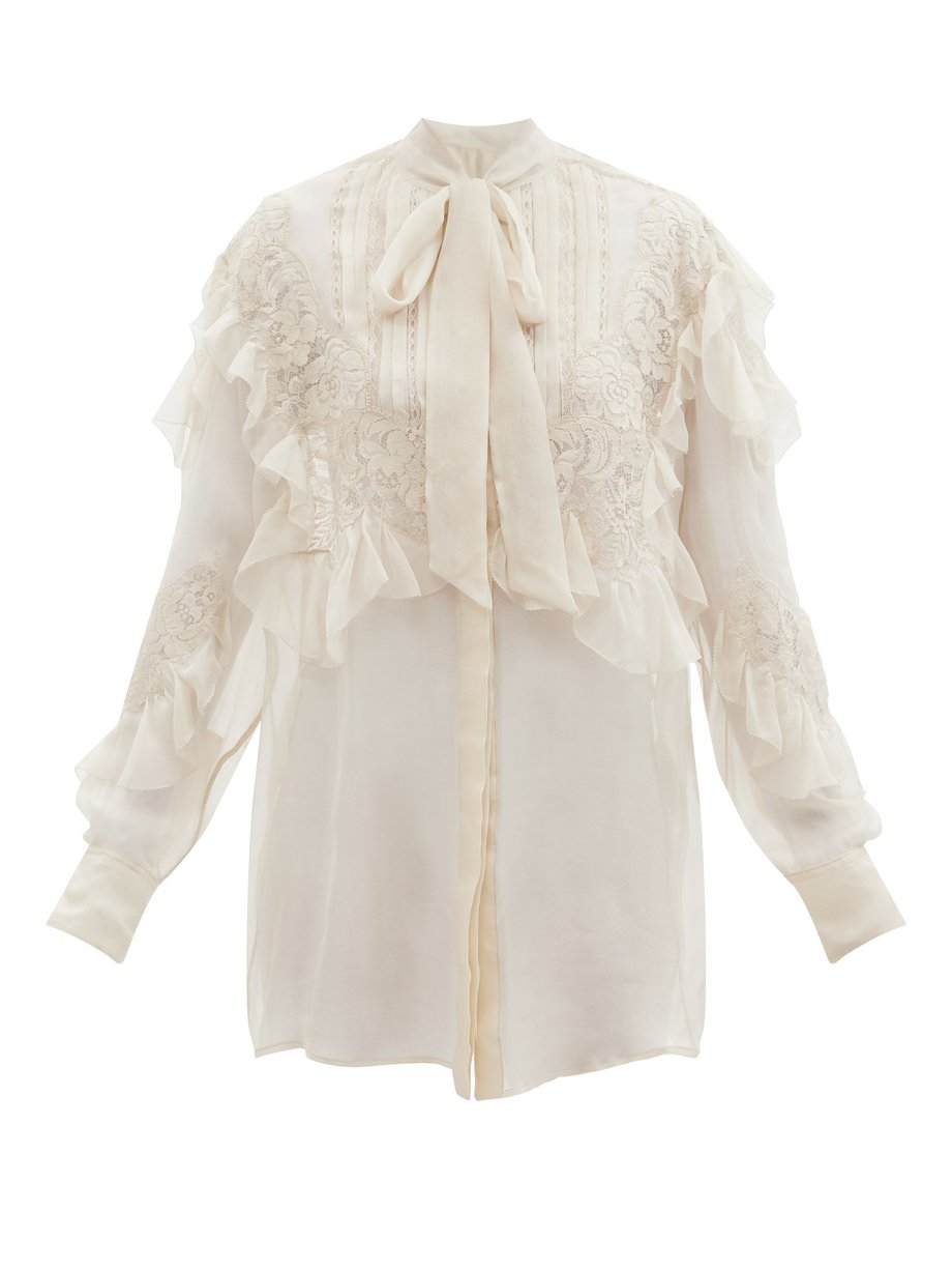 White Pussy-bow lace-trimmed silk-chiffon blouse | Valentino ...