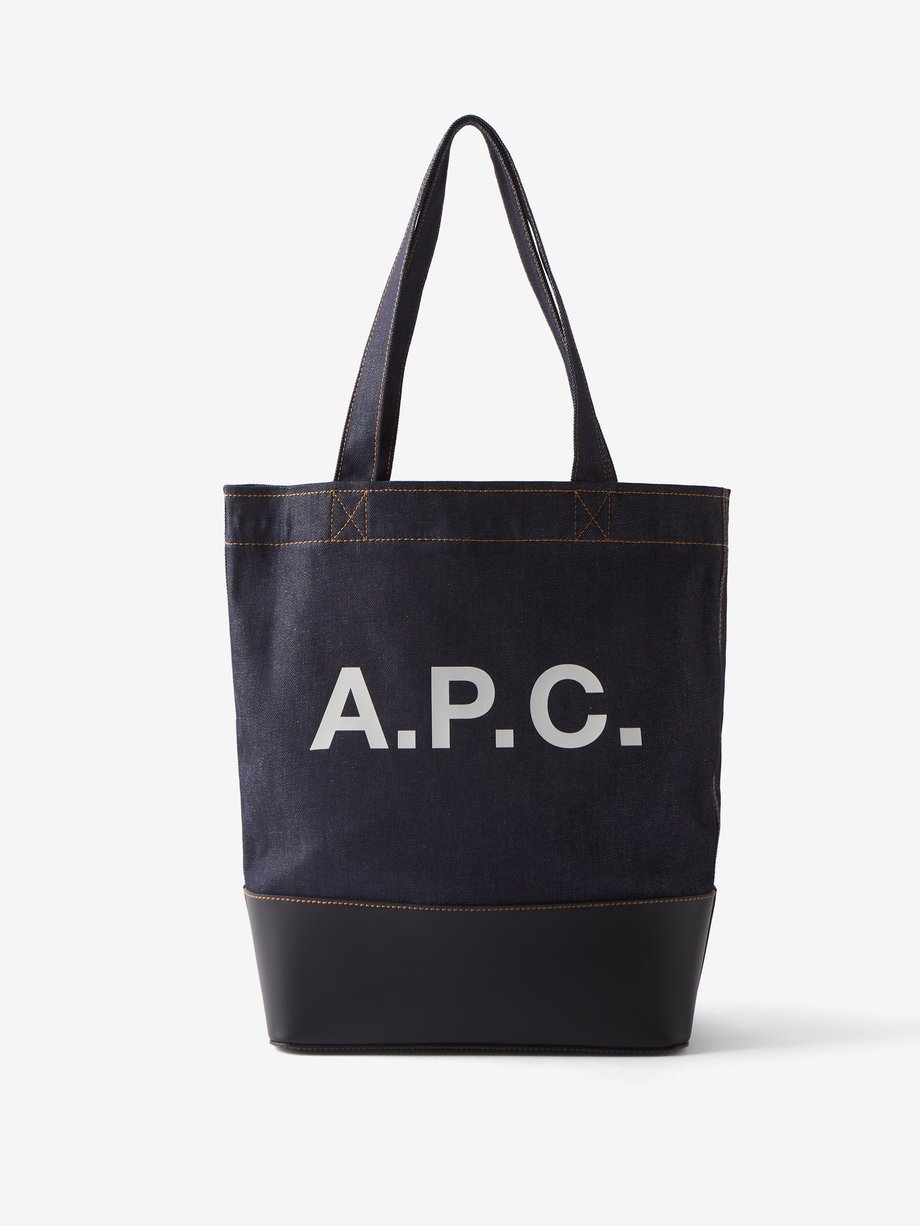 Navy Axelle logo-print denim and leather tote bag | A.P.C ...